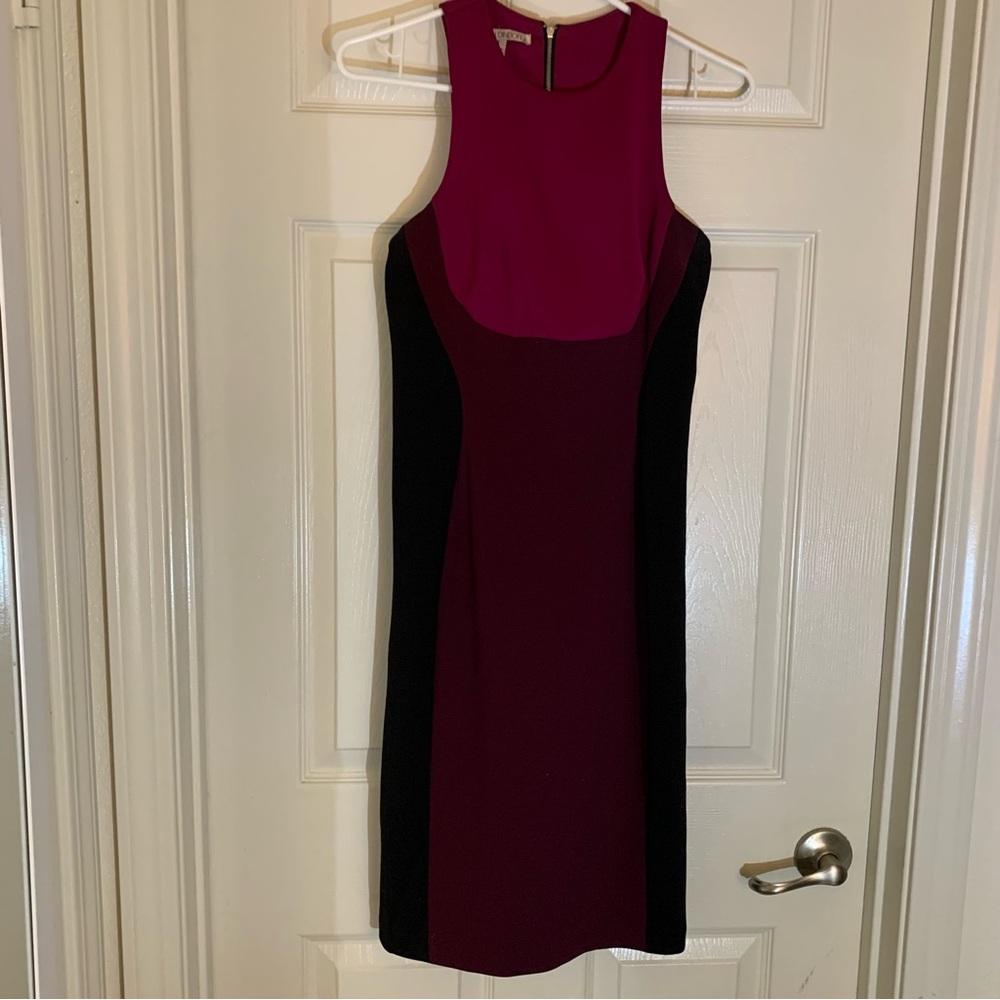 Maggy London Sleeveless Purple, Burgundy and Black Midi Dress